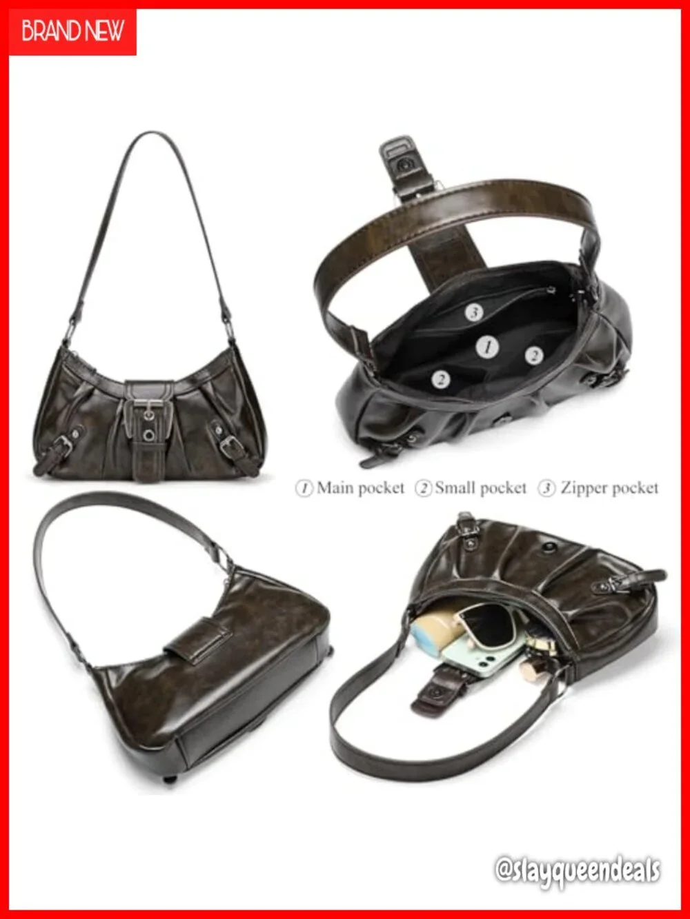 Vegan Leather Hobo Shoulder Bag Tote Purse with Zipper Pockets